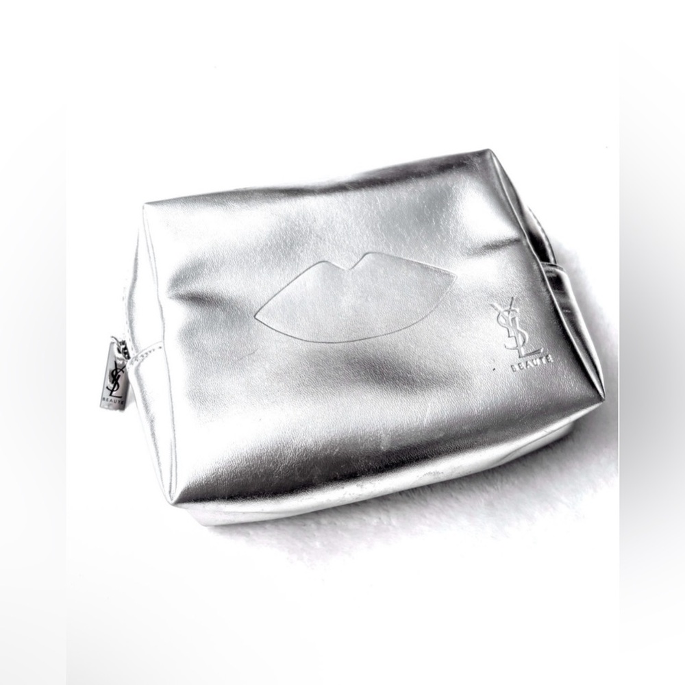 YSL Metallic Silver Clutch, YSL Cosmetic Bag, YSL Travel Bag, Embossed Lips NWOT